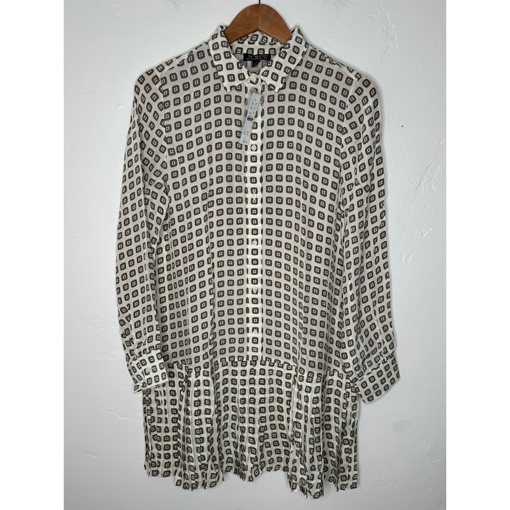 NEW J.Crew Amelia Shirt-Dress Size Small Ivory Brown Foulard Print Pleated - Picture 3 of 9